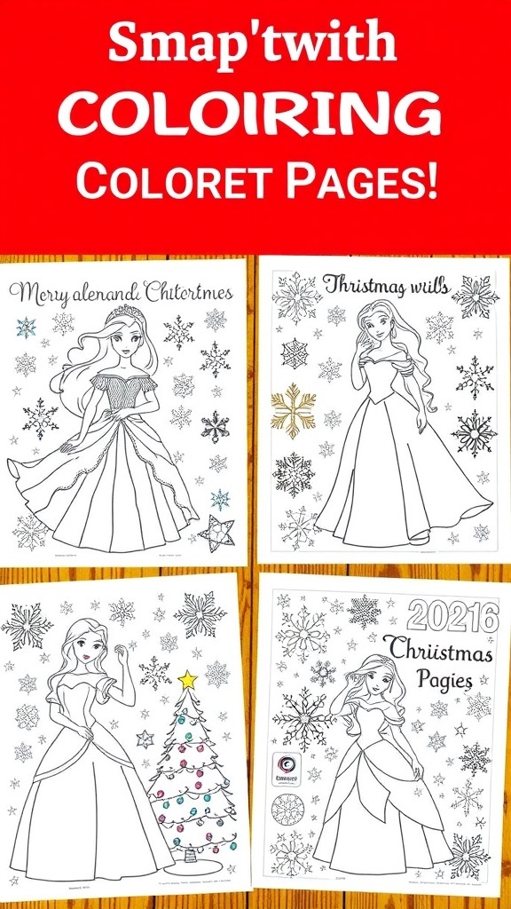 Coloring pages of Christmas princesses in winter attire with holiday decorations.